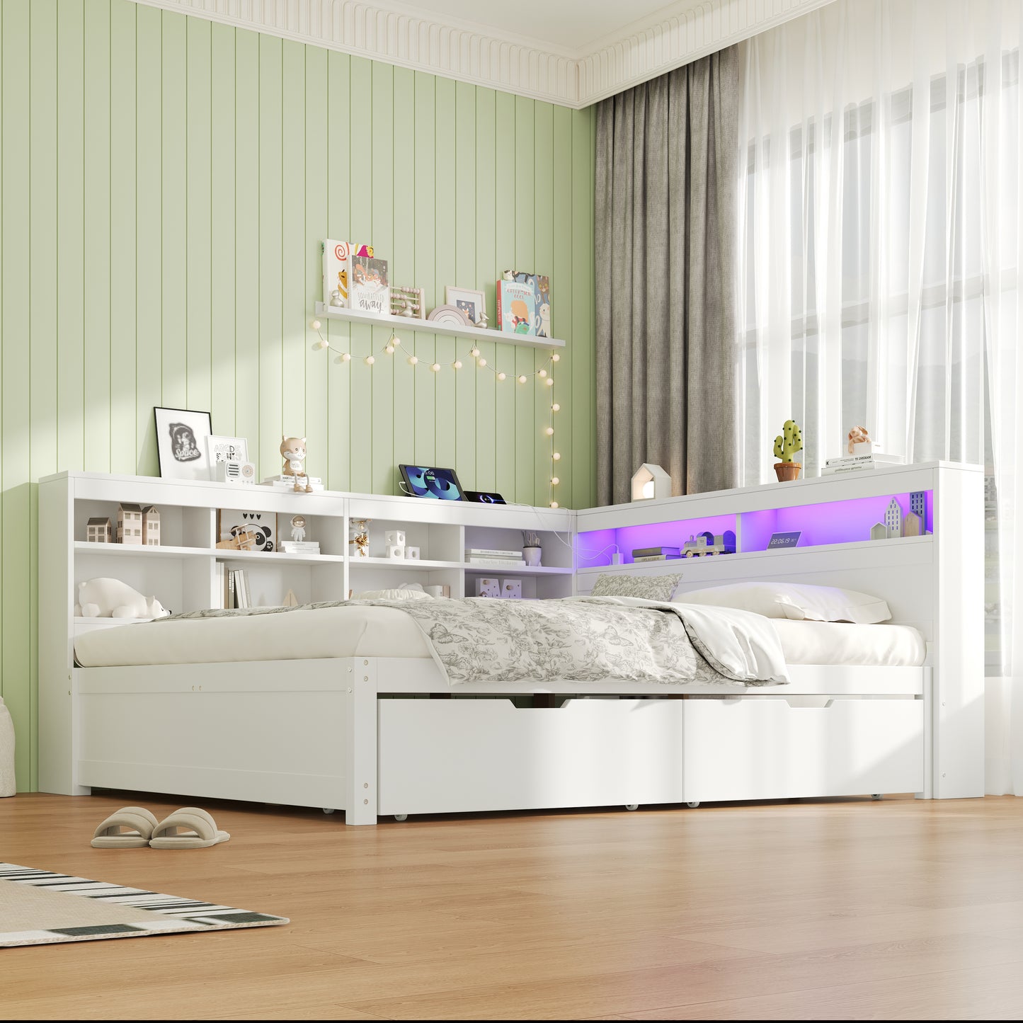 4ft6 Double Daybed With Two Storage Drawers And Beside Storage, LED Modern Bed Frame With Charging Station, Wood Bed For Living Room Bedroom Study Room, 135X190cm, Easy Assembly, White No Mattress