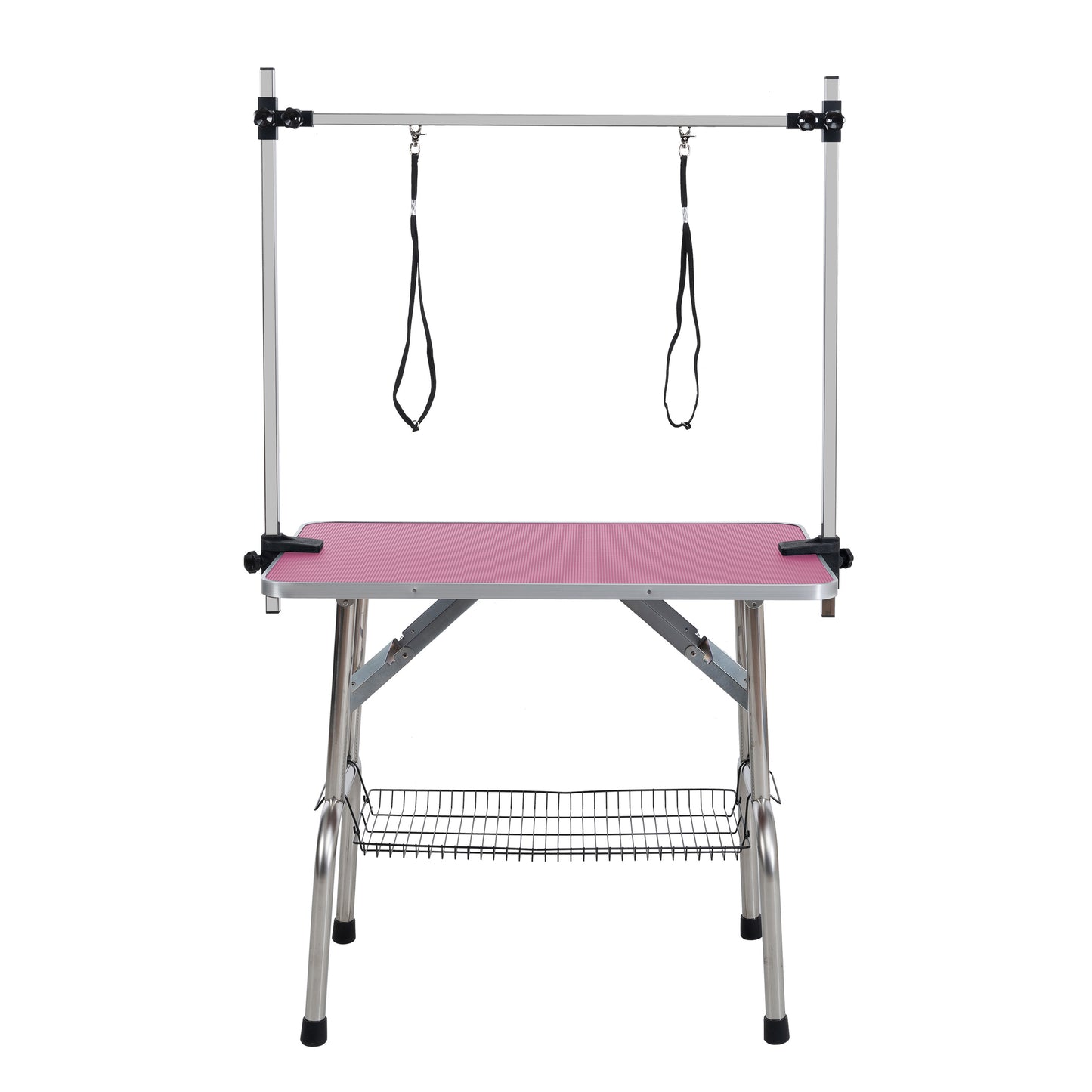 46 Folding Dog Pet Grooming Table Stainless Steel Frame Rubber Mat On Board With Adjustable Arm And Clamps Pet Dog Cat Grooming Table PINK COLOR