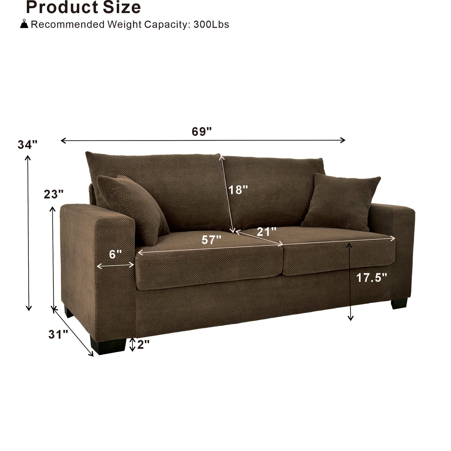 69-inch Two-seater Sofa With Textured Fabric, Comfortable Upholstered Couch With 2 Throw Pillows And Sturdy Plastic Legs For Living Room, Apartment, Office, Coffee