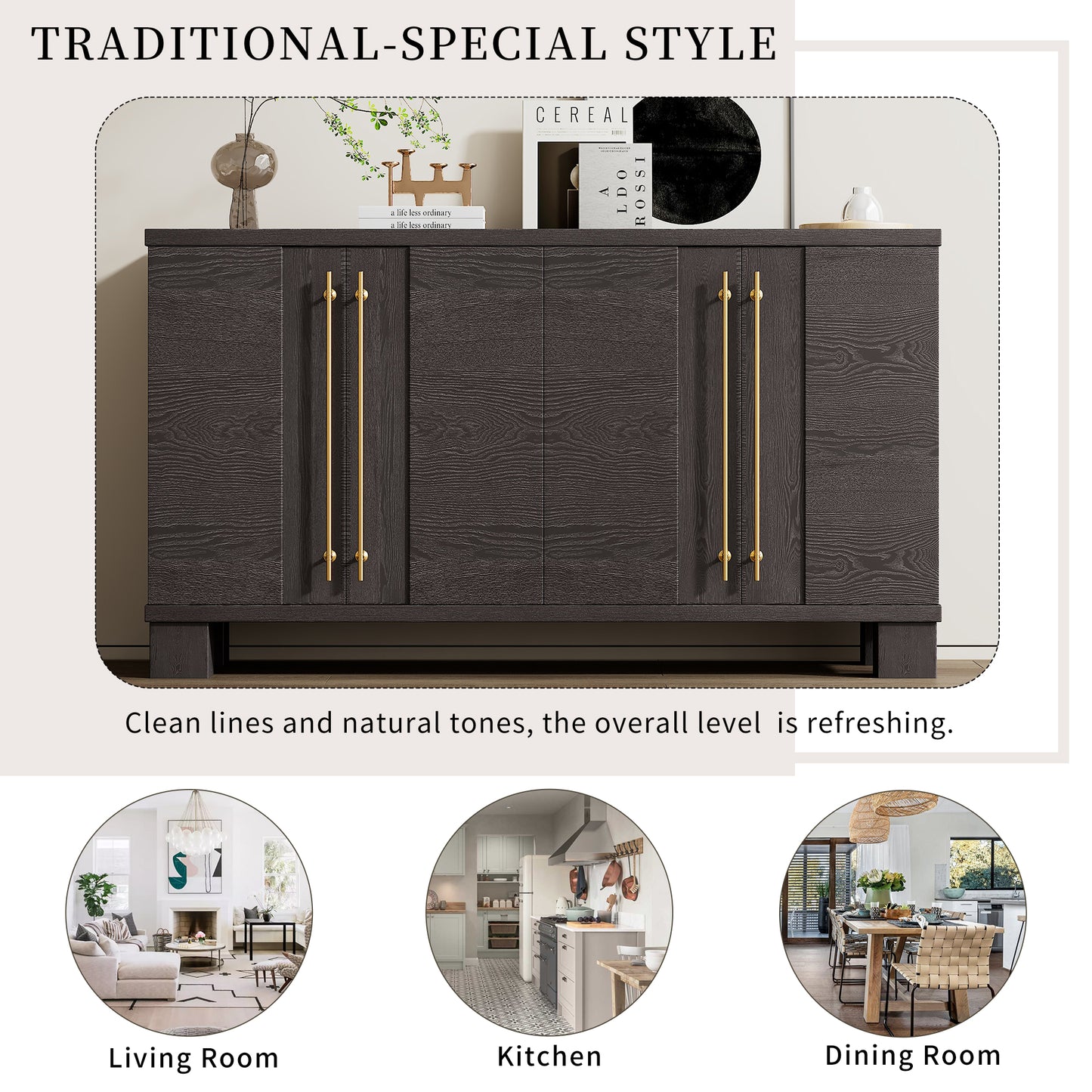 TREXM Sideboard Buffet Cabinet With Storage Wood Sideboard With Adjustable Shelves And Gold Handles For Kitchen Dining Room And Living Room Taupe