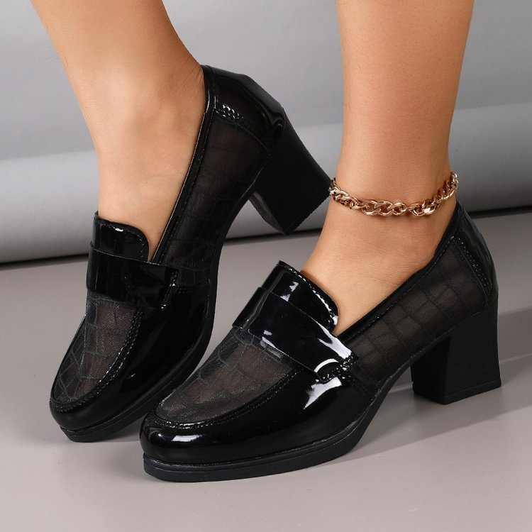 2026 Summer Women's Mesh Breathable High Heels, Hollow Soft Leather Pumps, Mid-Heel Chunky Heel Office Shoes With Soft Sole