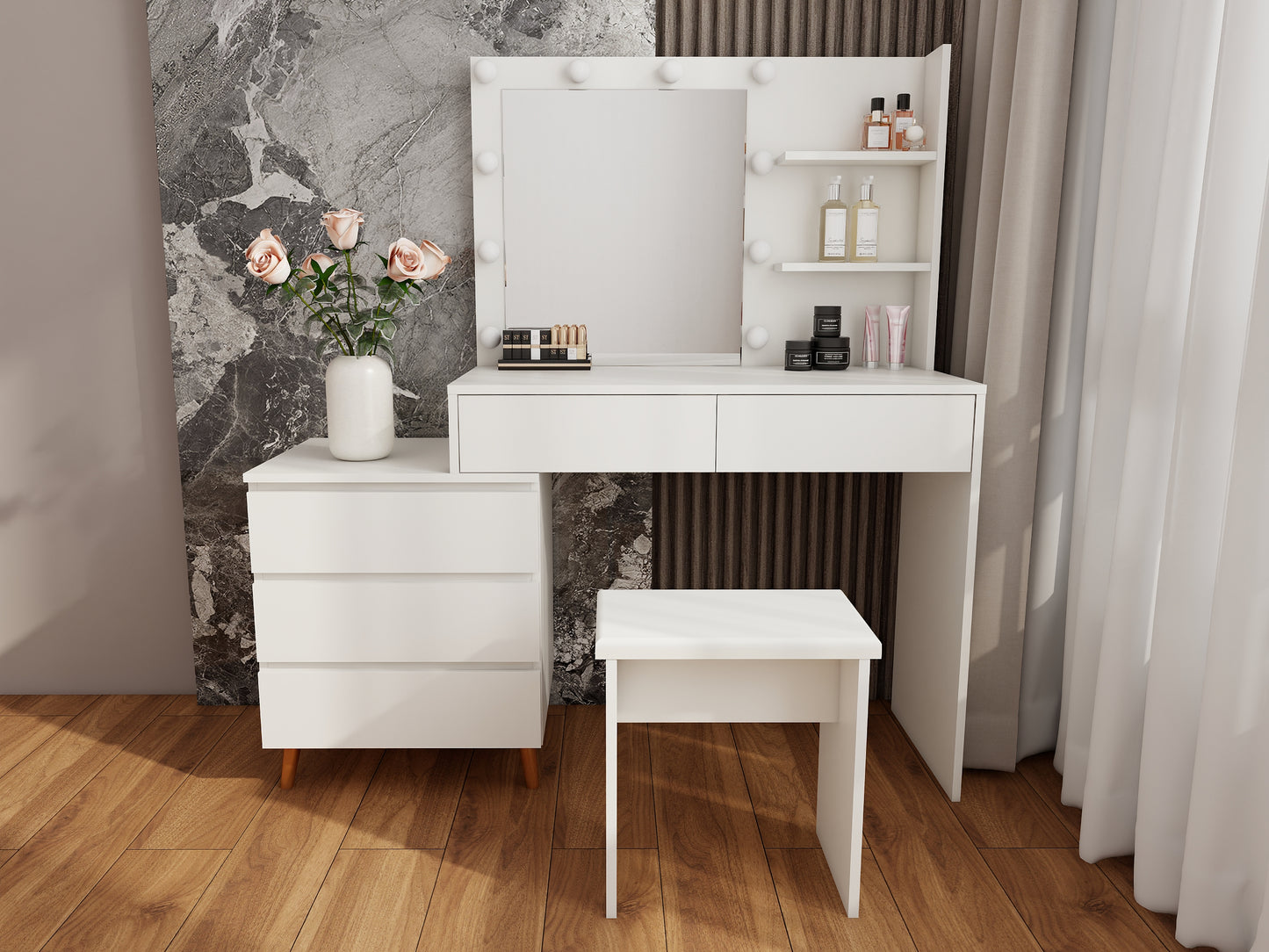 LED Lighted Makeup Vanity Table With Mirror - White Beauty Station With Storage Drawers, Matching Stool, And Organizing Compartments For Makeup Brushes And Cosmetics