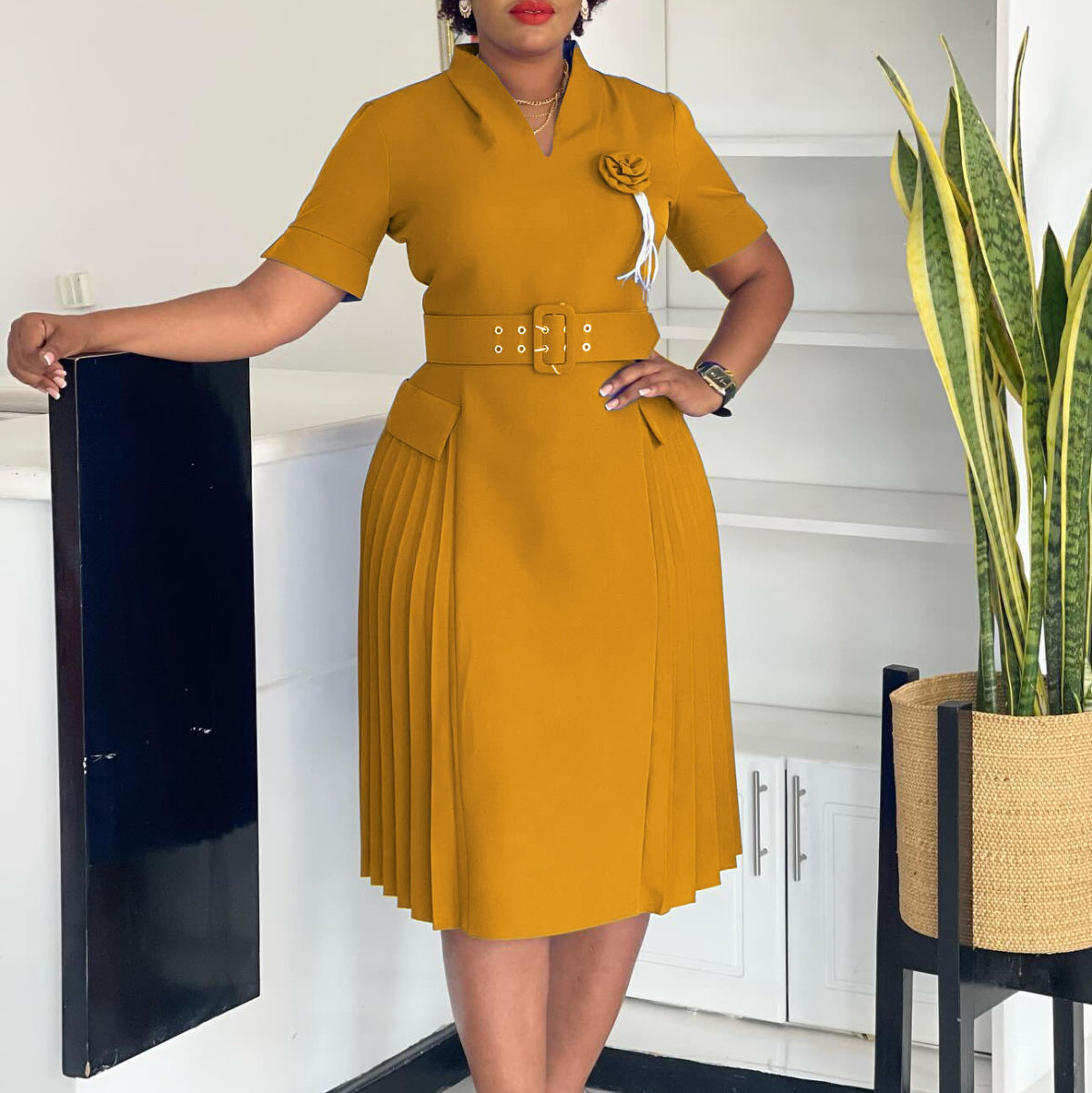 Womens New Stylish Elegant V-Neck Solid-Color Plus-Size High-Waist Dress