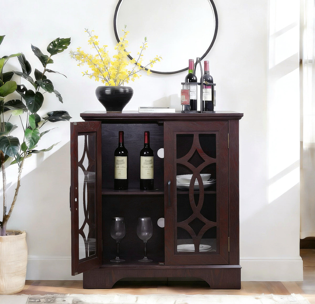34.37 X 15.55 X 34.06in Spacious Size Sideboard 2 Clear Tempered Glass Doors Buffet With Adjustable Shelf, MDF With Dark RED Decorative Laminates Storage Cabinet For Dinning Room, Kitchen,living Room