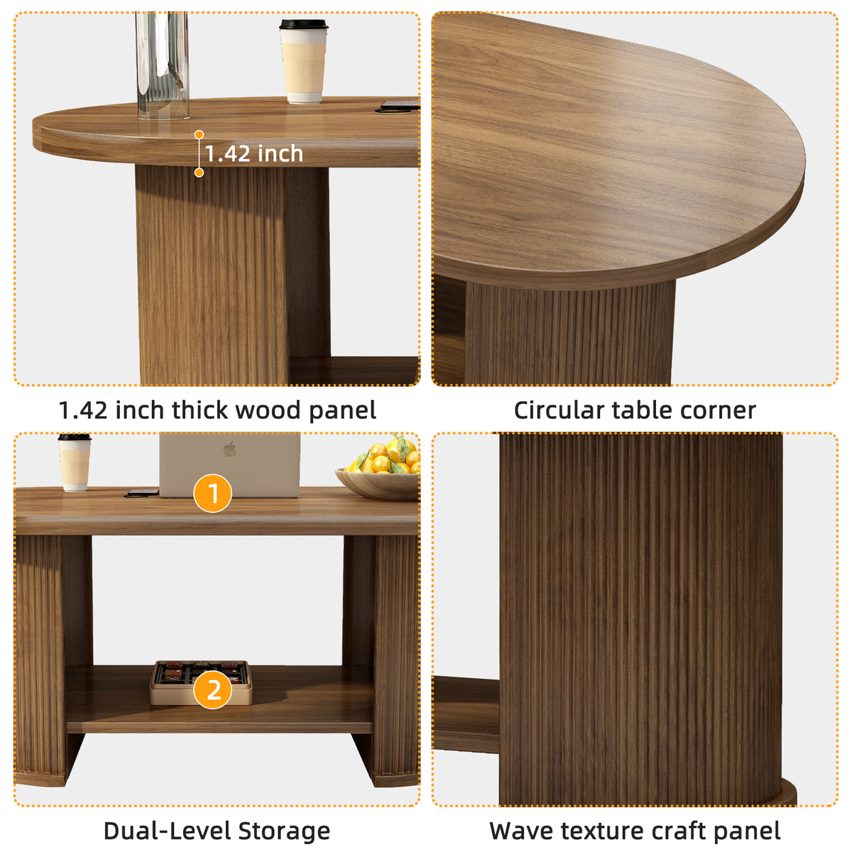 Oval Fluted Coffee Table, 47 Farmhouse Wood Coffee Table, Mid-Century 2-Tier Coffee Table With Storage Shelf, Accent Center Table With Dual Base, Boho Living Room Tables For Living Room Office,Walnut