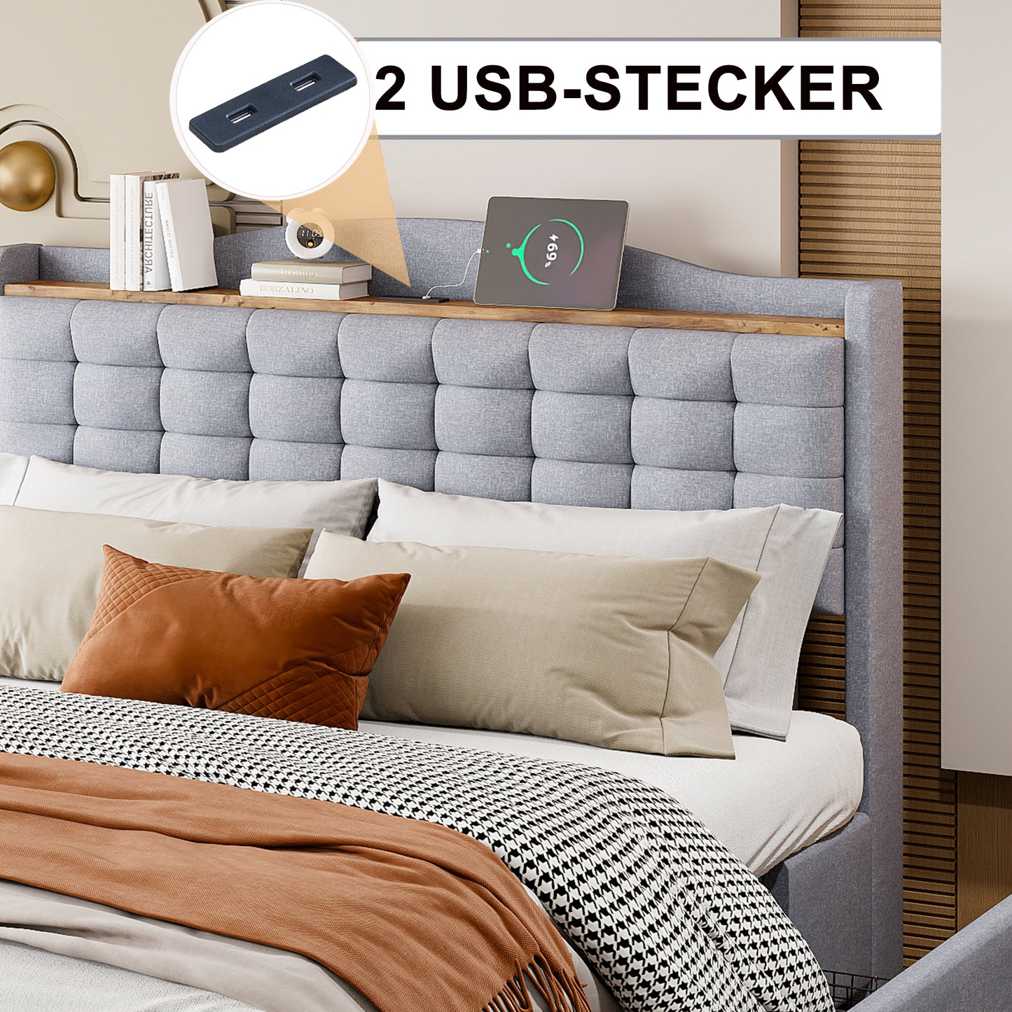 Upholstered Bed 140x200 Cm, Bedside Table With USB Charging Port And Shelf, Double Flat Bed With 4 Drawers, Linen Fabric Grey