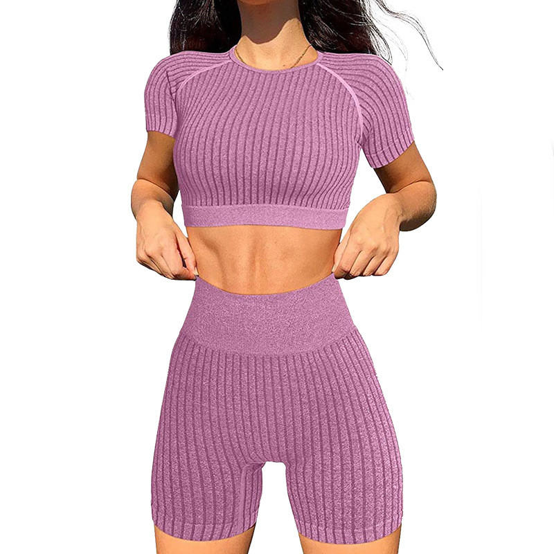 Striped Quick Dry Yoga Clothes Suit Women's Sports Short Sleeve
