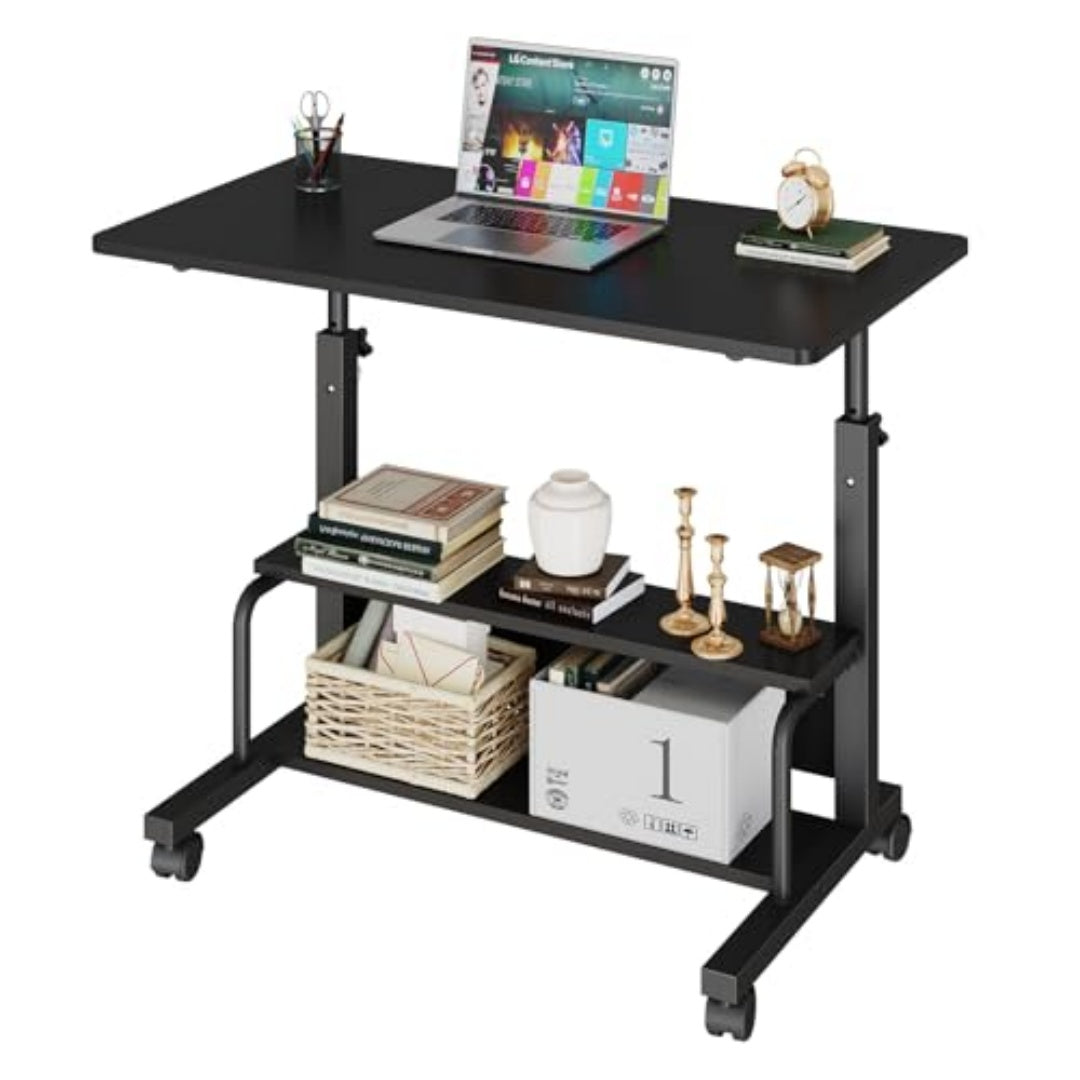 31.5-inch Manual Standing Office Desk, Portable Computer Table With Adjustable Height, Equipped With Lockable Wheels And Double-layer Storage Space
