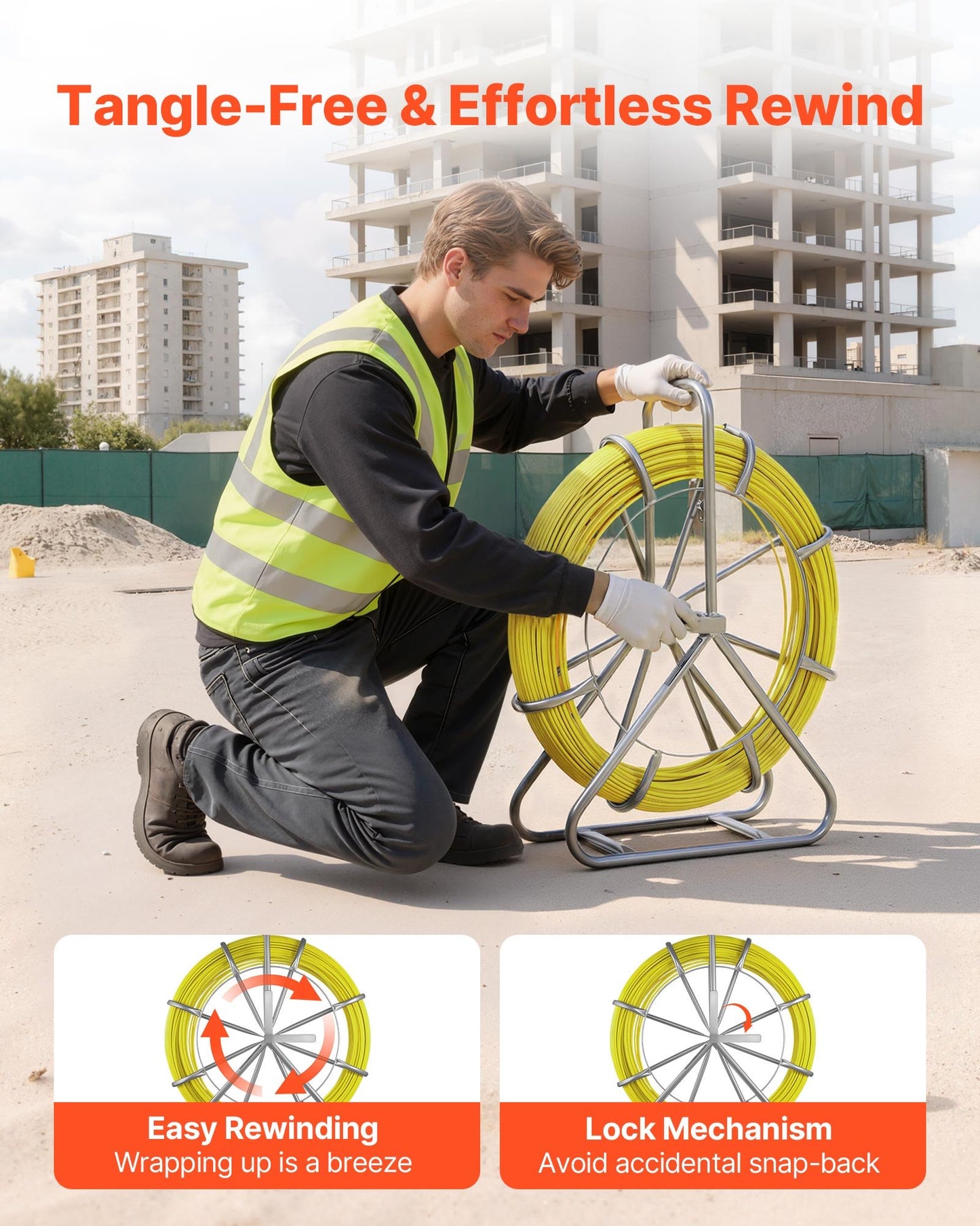 Fish Tape Fiberglass, 500FT 6.3MM, Duct Rodder Fishtape Wire Puller With Stand, 1/4-Inch Cable Running Rod, Marked Every 5 Feet, Fishing Tools For Walls And Electrical Conduit, Non-Conductive