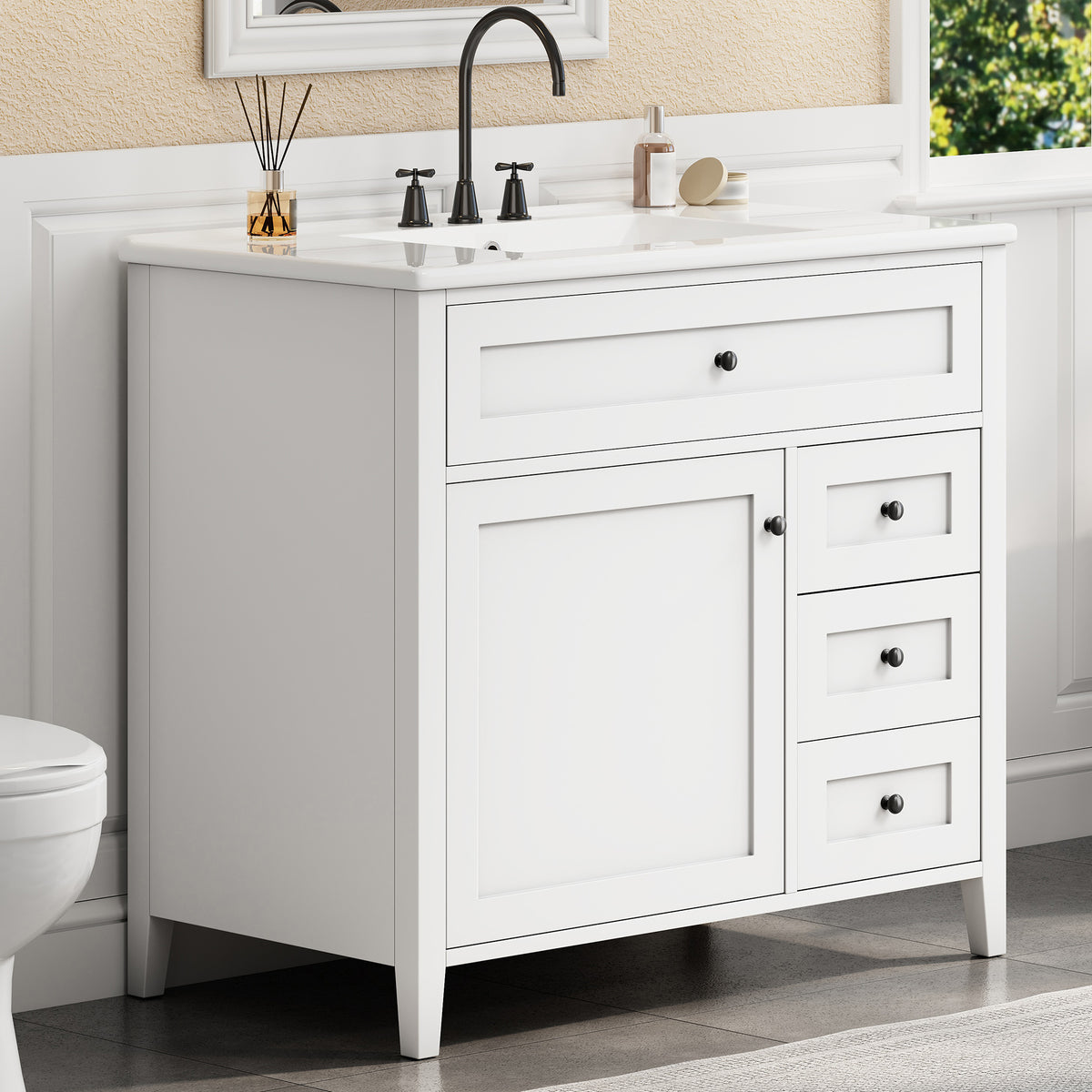 36-Inch White Bathroom Vanity With Sink, Modern MDF And Rubberwood Cabinet With 3 Drawers And Adjustable Shelf, Freestanding Vanity For Bathroom Storage And Organization Left Door