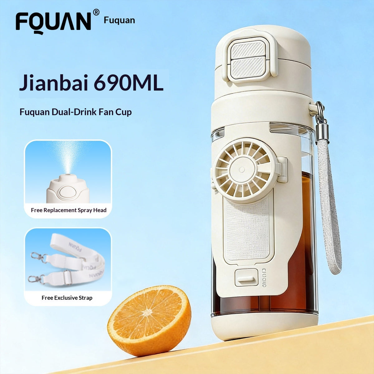 Cooling Sports Water Bottle With Dual Drinking Spouts And A Fan Cup