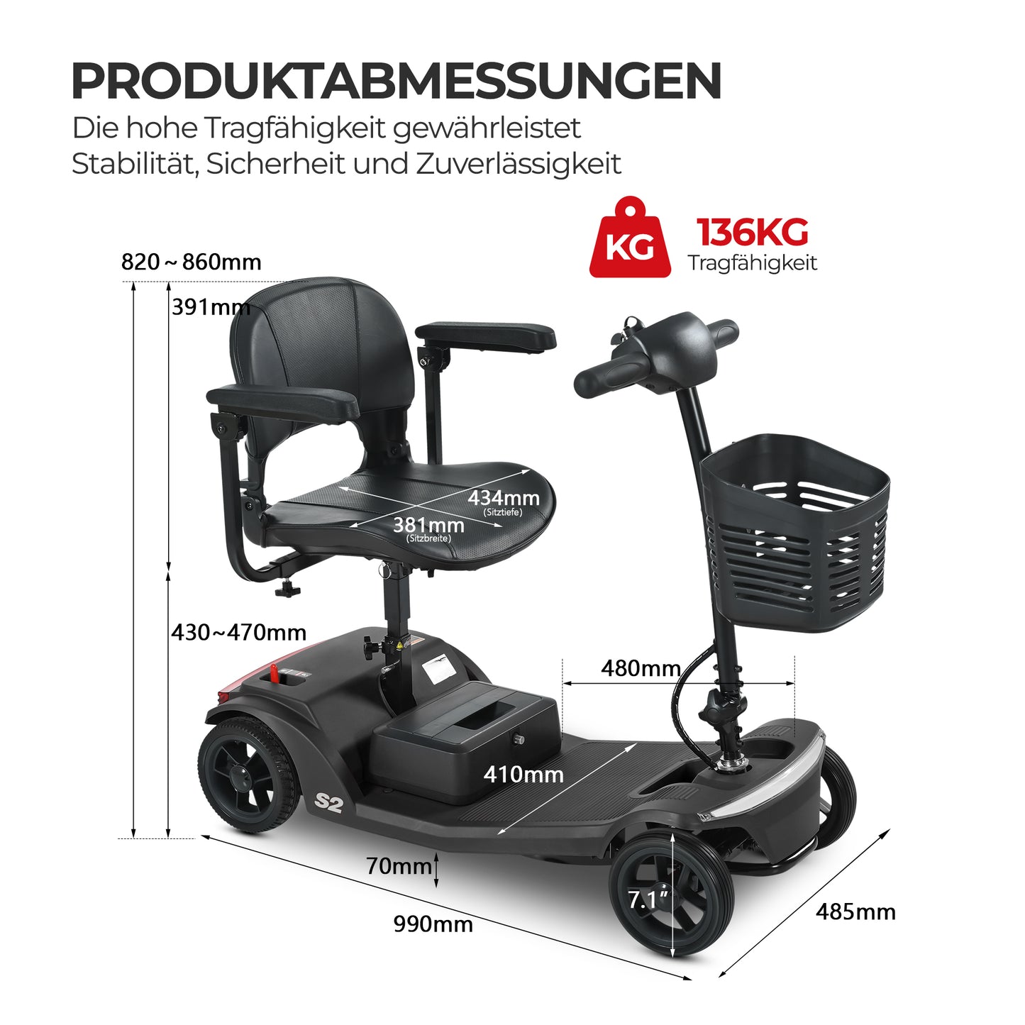 Four-wheeled Mobility Scooter For Seniors, Load Capacity 136 Kg, Speed 6 Km H, Removable Battery, USB Charging Port, No Driver's License Required S2 BLACK