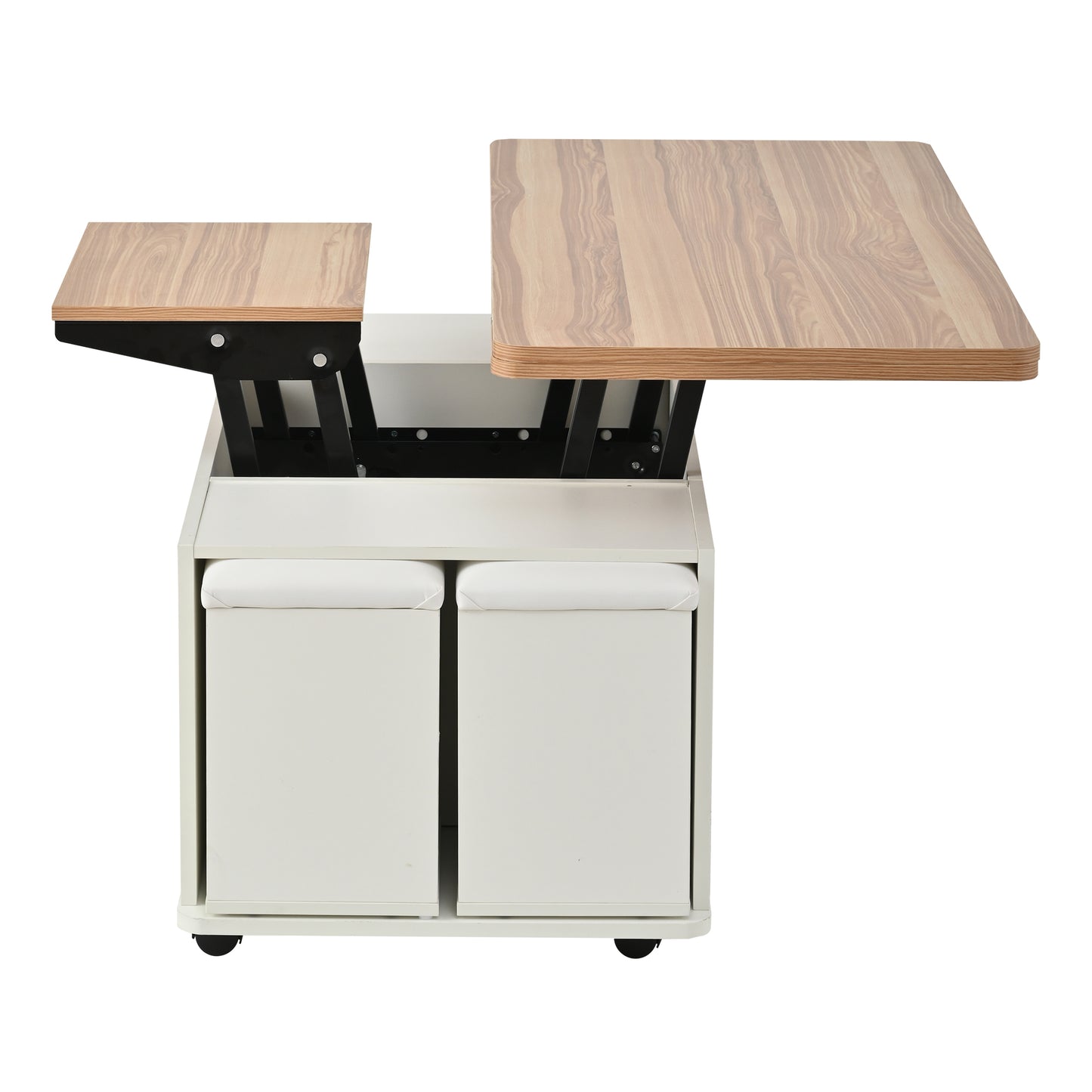 Lift Top Coffee Table With Wheels, Convertible Dining & Work Table With 4 Stools, Hidden Storage, Extendable Side Table, Space-saving End Table,Tea Table, White Natural Wood, 100x50x45cm Folded