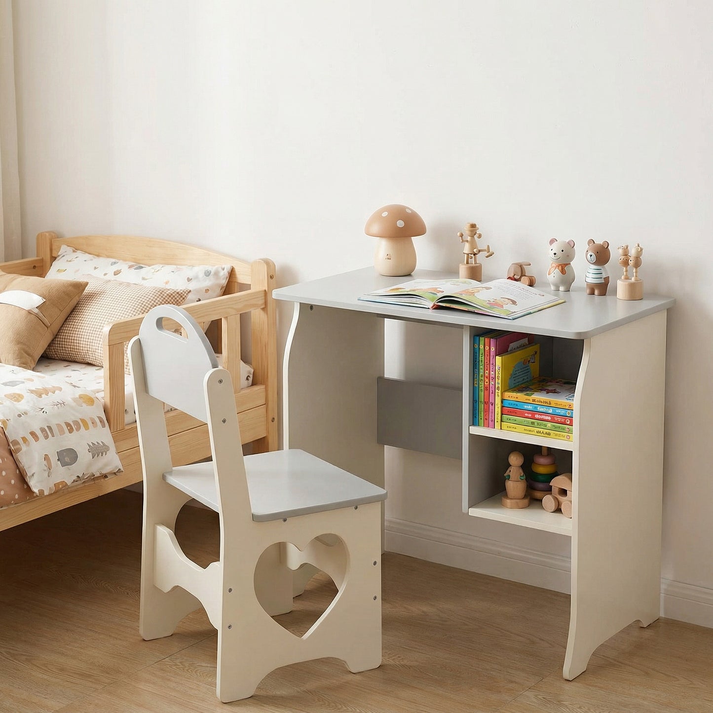 Kids Desk And Chair Set Multifunctional White And Grey Toddler Student Writing Table Set For Home School