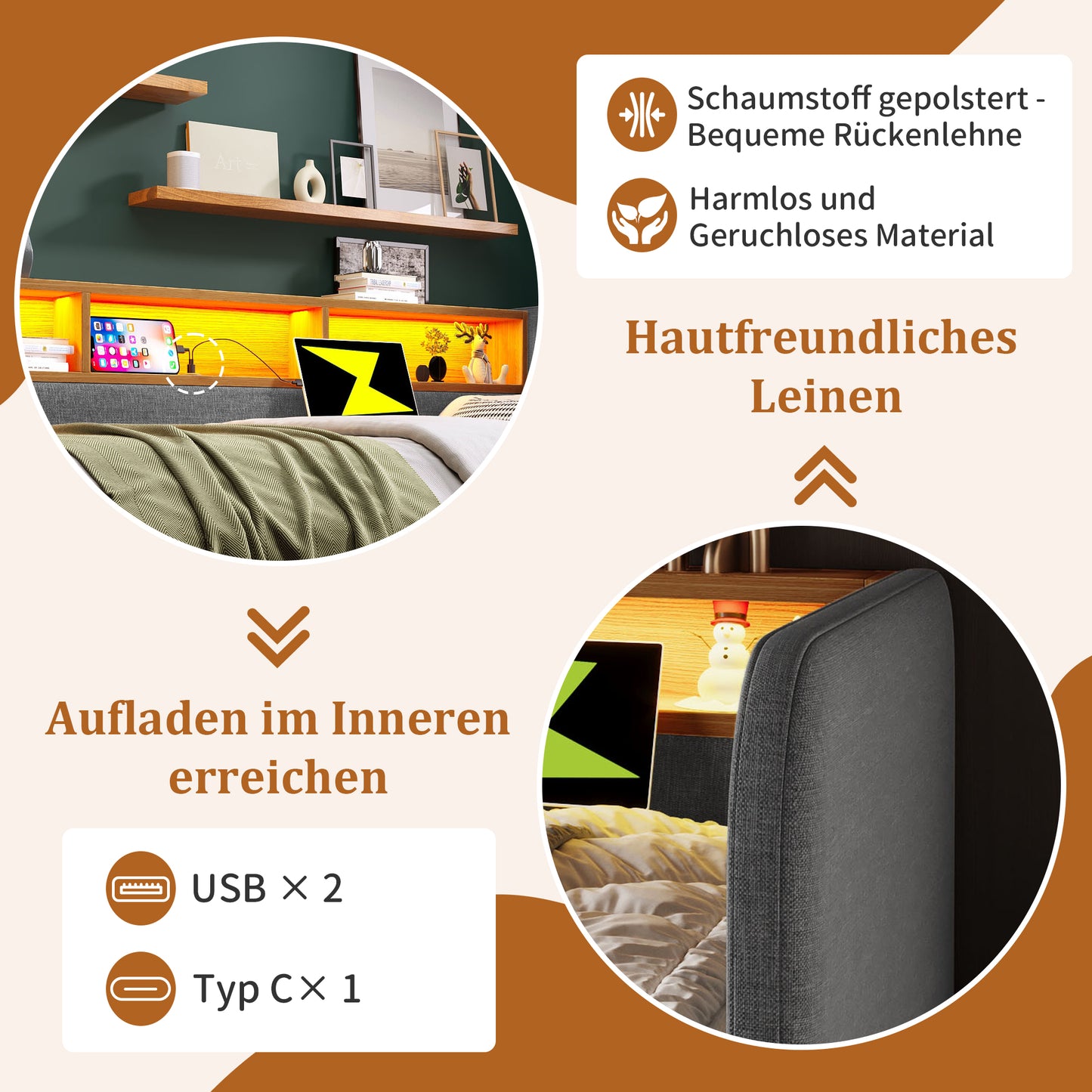 AB20754142G Upholstered Bed Daybed 140x190 Cm, Sofa Bed With LED And USB-C Charging, Daybed With 2 Drawers And Storage Headboard, Linen, Grey Without Mattress