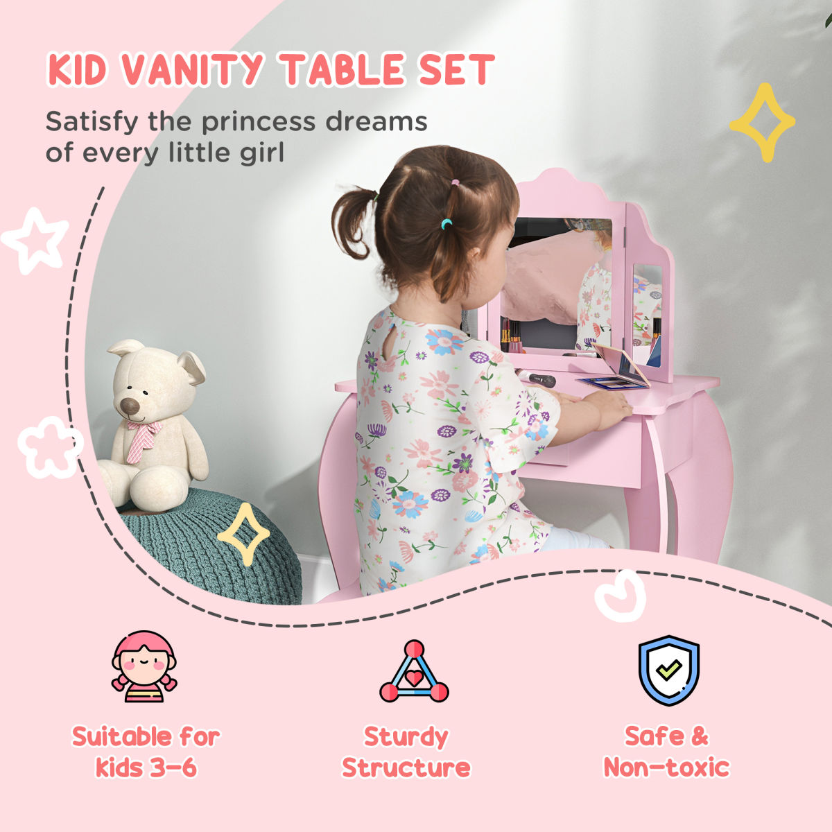 Kids Vanity Table And Chair Set With Tri-Folding Mirror And Stool, Makeup Dressing Table With Drawer, Pink