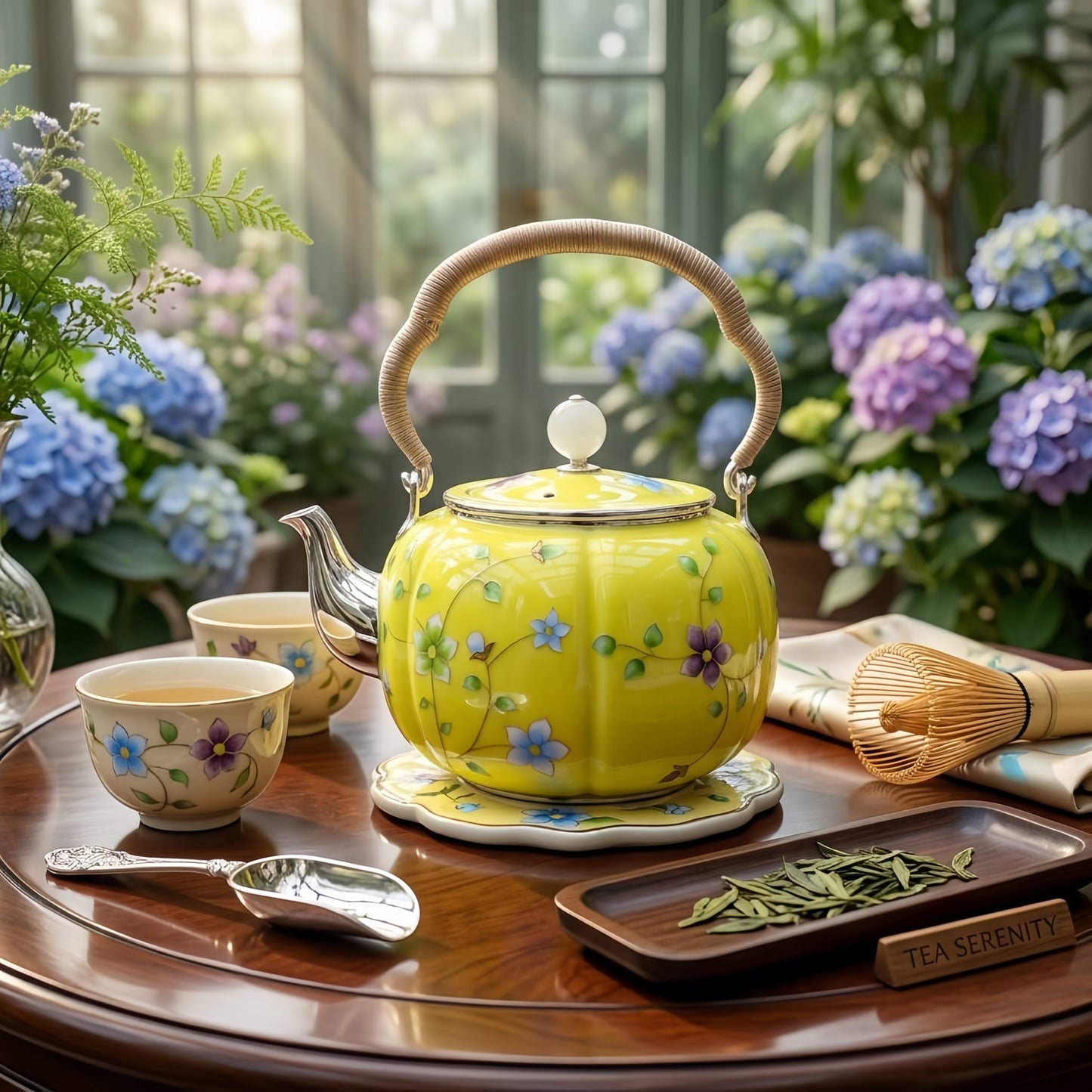 925 Sterling Silver Elegant Hand-Painted Floral Enamel Tea Kettle with Woven Fiber Handle - Handicraft