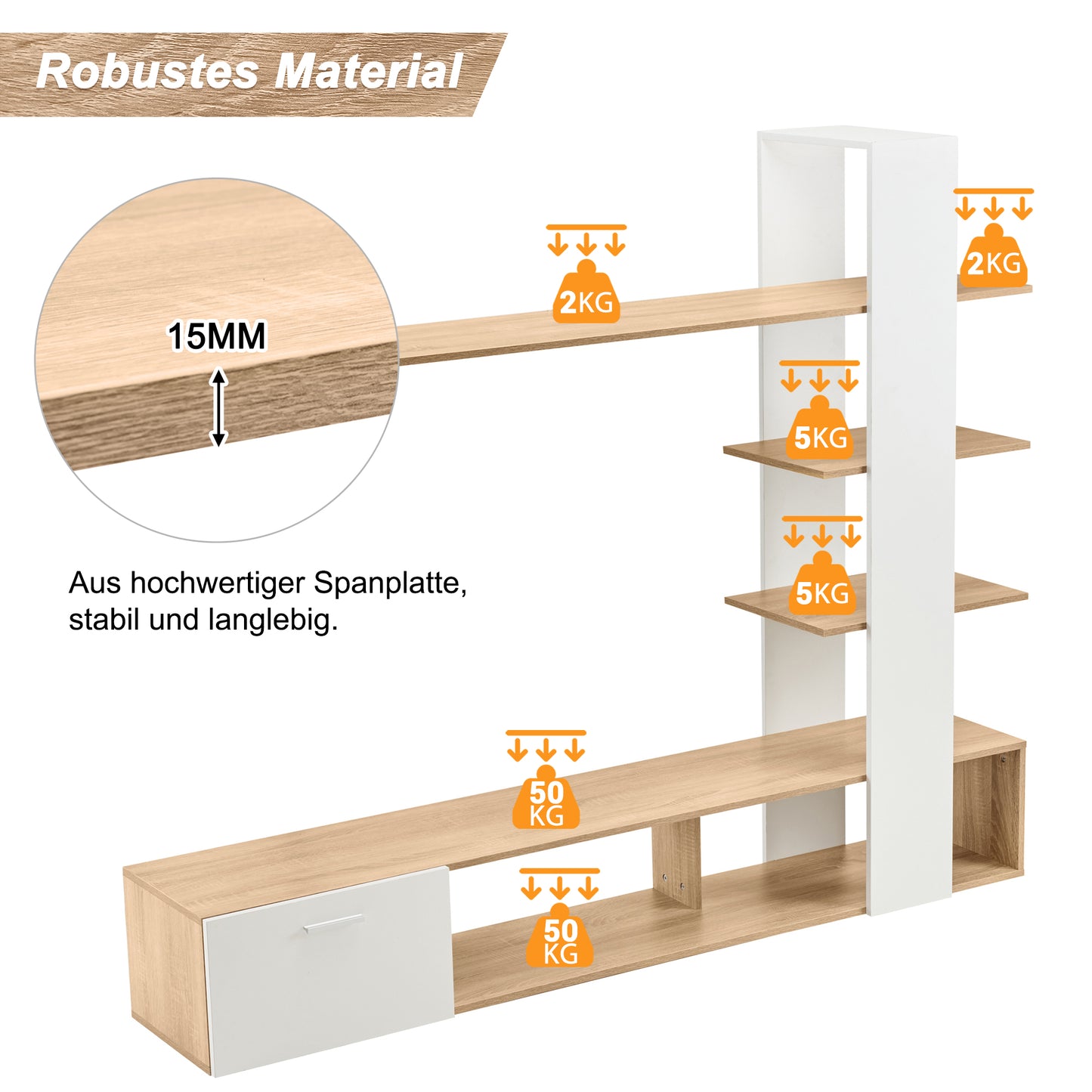 Home Living Room Wall Unit, Living Room Furniture Set 180 X 33.5 X 151.5 Cm, Suitable For TVs Under 60 Inches, Modern Oak White TV Cabinet, Lowboard, TV Wall Unit Set, Living Room Furniture Set