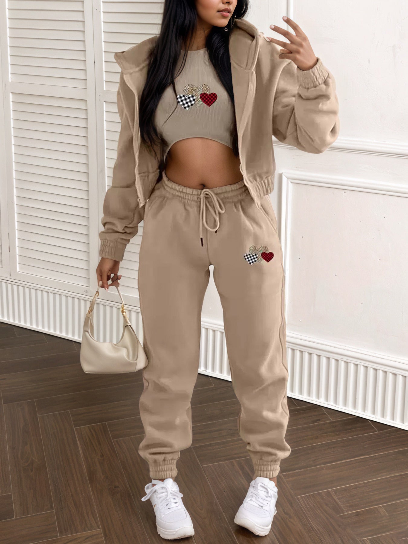 Women's New Fleece Heart-shaped Print Sports And Leisure Three-piece Suit, Long-sleeved Jacket And Half Vest And Drawstring Pants, Machine Washable, Winter Clothes For Women