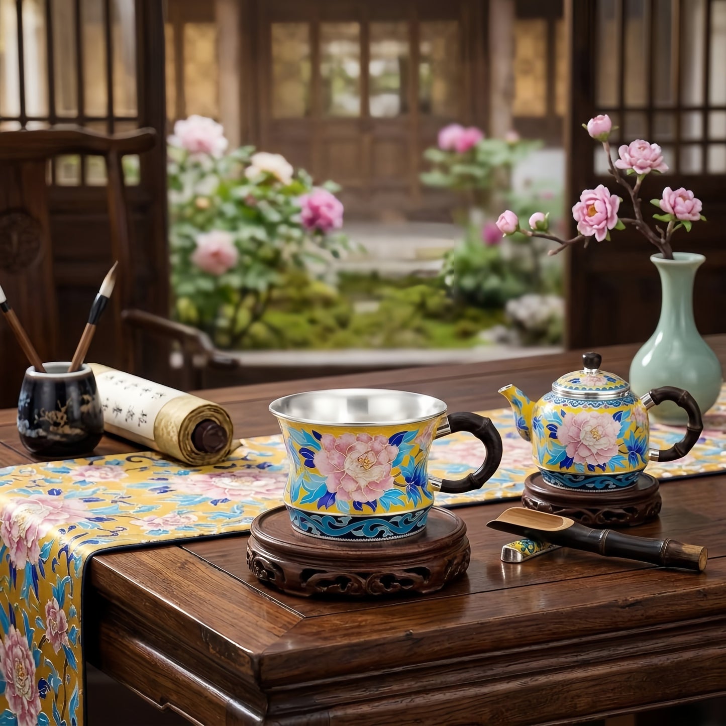 Pure 999 Fine Silver Elegant Cloisonné Peony Tea Cup with Bamboo Style Handle and Silver Lining - Handicraft