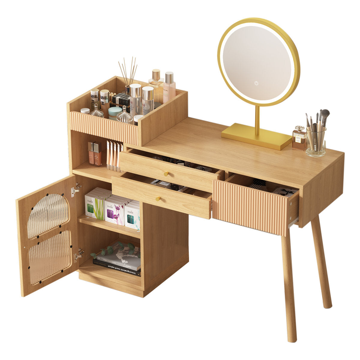 Dressing Table Set, Makeup Table With LED Mirror And 3-color Lighting, Wooden Dressing Table For Bedroom Studio - Dimensions W120 H90 D40 Cm Without Stool Old SKU RN3198724AAA