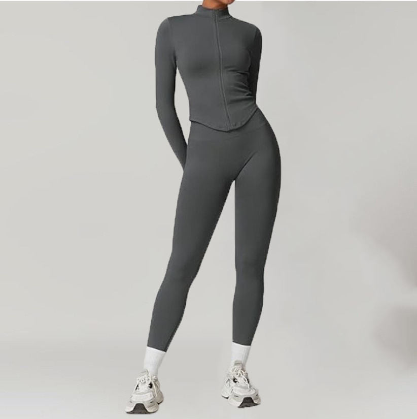Stand-up Collar Zip-up Long-sleeve Yoga Jacket Workout Set