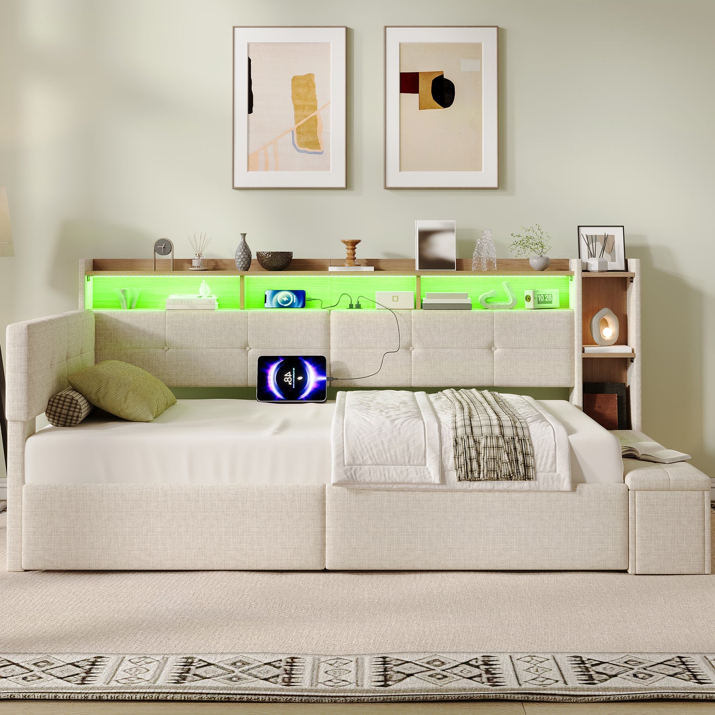 3ft Single LED Daybed With Storage Drawers And Bed End Ottoman Storage, Modern Linen Sofa Bed With Charging Station For Living Room Bedroom Study Room, 90X190cm, Beige No Mattress