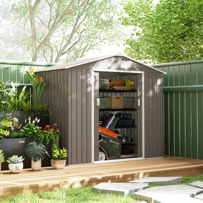 7' X 4' Outdoor Storage Shed, Garden Tool Metal Shed With Foundation Kit, Double Lockable Door, Air Vents And Sloping Roof, For Backyard, Patio, Lawn, Gray Multiple Packages