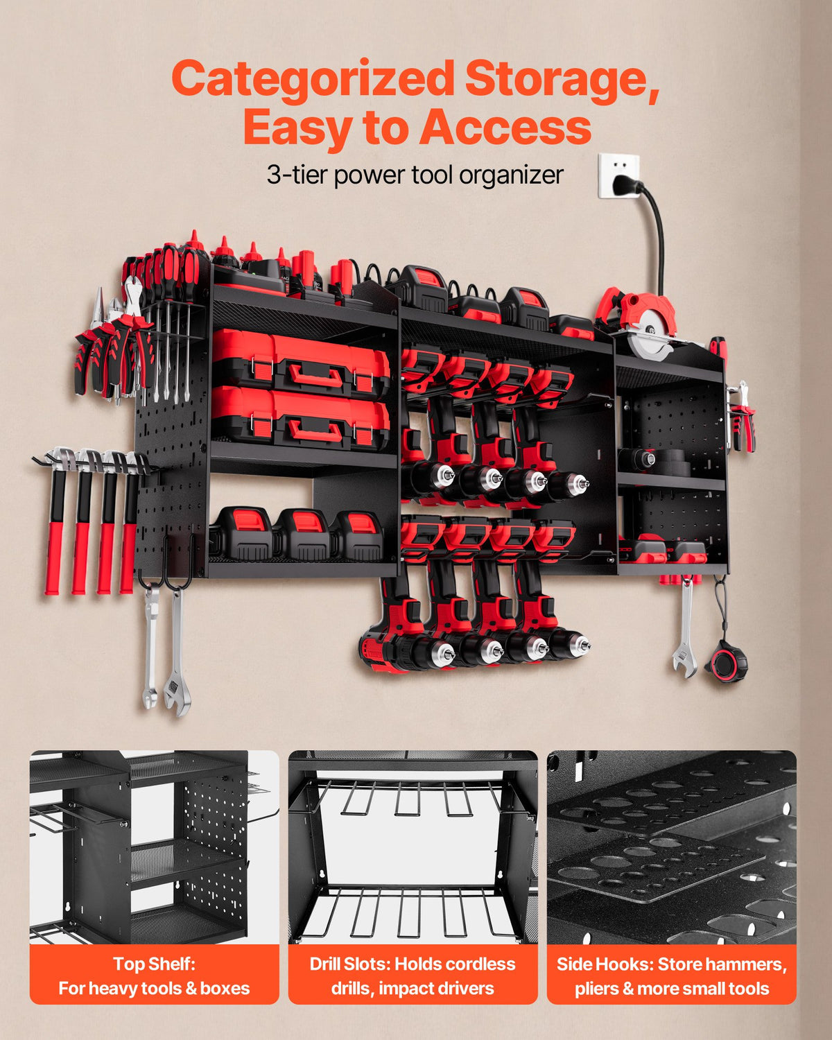Power Tool Organizer With Charging Station, 3-Layer Power Tool Battery Storage Rack With 5.58 Ft Power Strip, 8 Drill Holders & 8 Outlets, Garage Tool Organizer For Garage, Workbench, Workshop