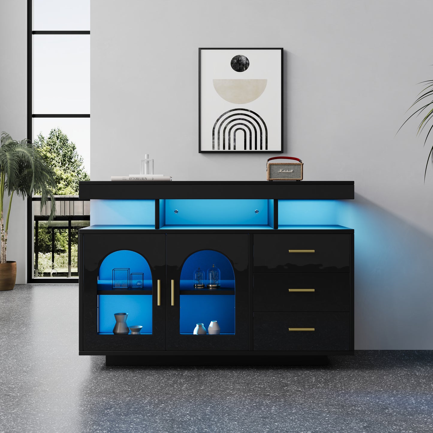 323704705BAA LED Sideboard Buffet Cabinet, 120cm Coffee Bar Cabinet, Drawer Cabinet, Living Room Sideboard, High Gloss Kitchen Cabinet With 16 Color Lights For Dining Room Black