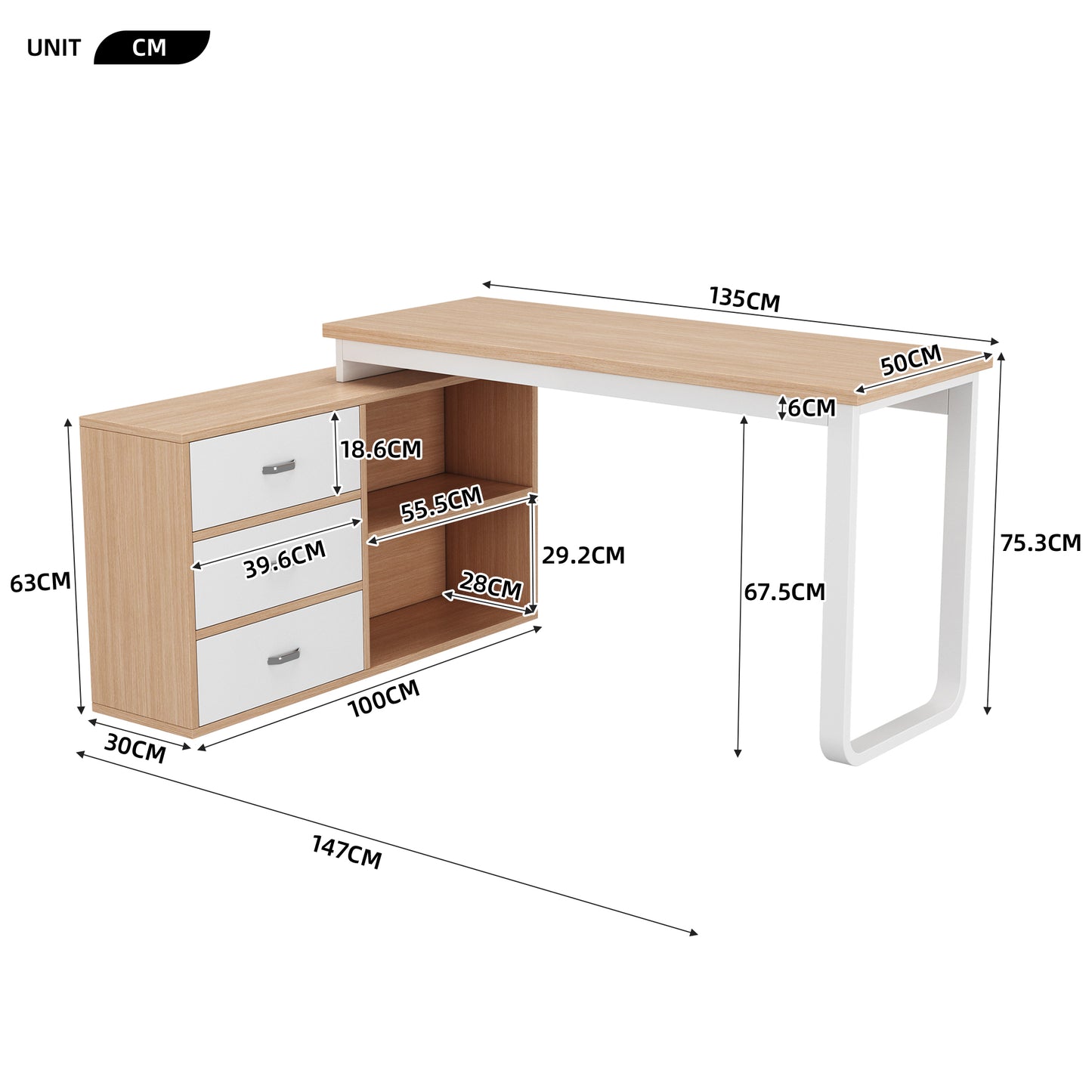 Simple Desk, Office Desk, Three Drawers, Two Open Storage Compartments, Solid Steel Tube, Wide And Thick Table Top, Stable Load Capacity, Natural