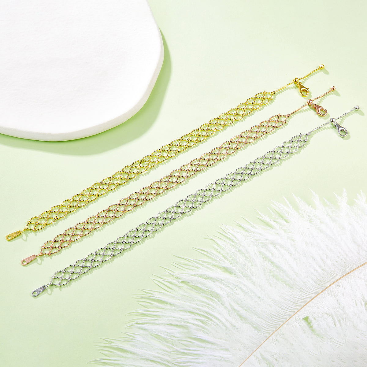 S925 Sterling Silver Hollow Mesh Bracelet 2.2g Lightweight 18.5cm Adjustable 8.0mm Width 3 Colors Platinum Gold Rose Gold Plated Gift Box