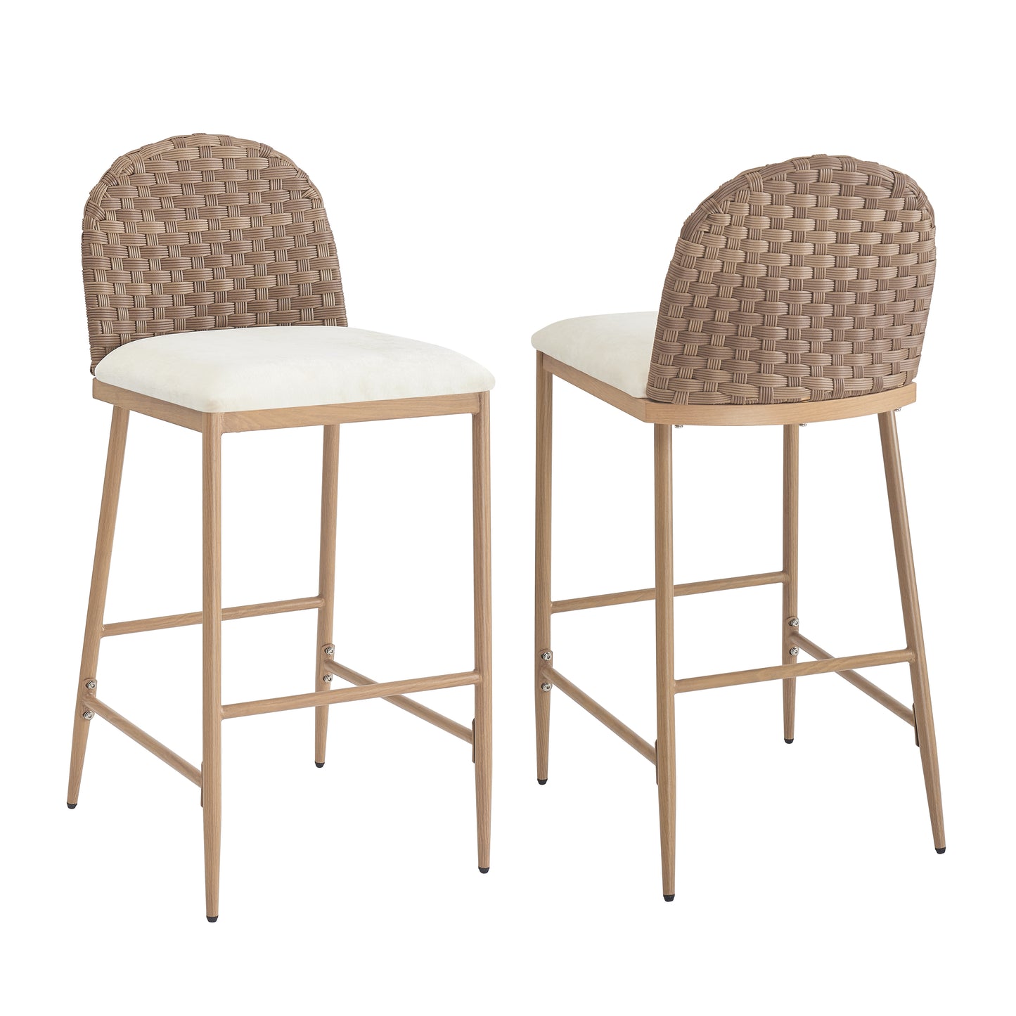 29.5 Farmhouse Barstools Set Of 2,Upholstered Armless Iron Counter Stools With Rattan Backrest For Kitchen Dining Island Table,Brown Beige