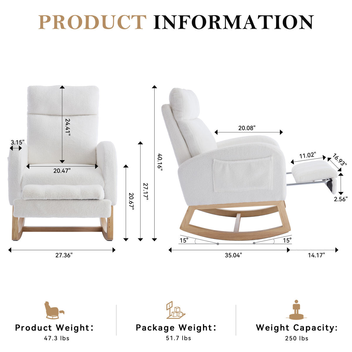 015B-Teddy Fabric Leisure Rocking Chair,Nursery Rocking Chair With Adjustable Footstool,Thickened Headrest And High Backrest, Storage Pocket On The Right Side,The Base Rocker Is Solid Wood,White