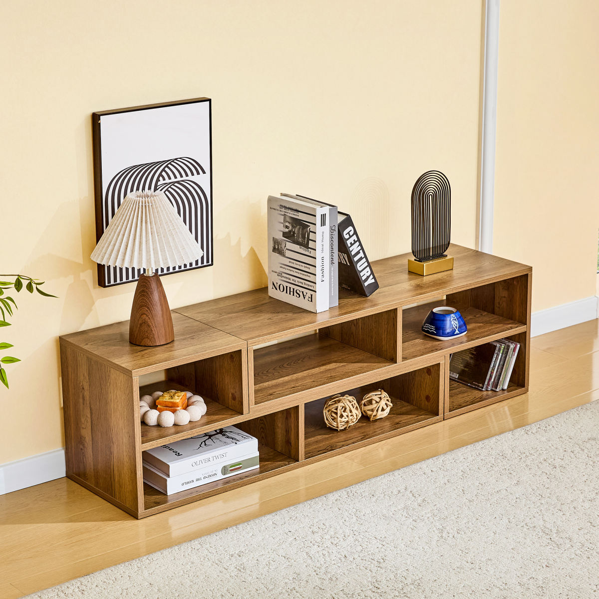 Modular Extendable TV Stand, Rustic Wood Media Console With Open Storage Cubbies, Freestyle Combination Entertainment Center, Adjustable TV Cabinet For Living Room Bedroom Apartment