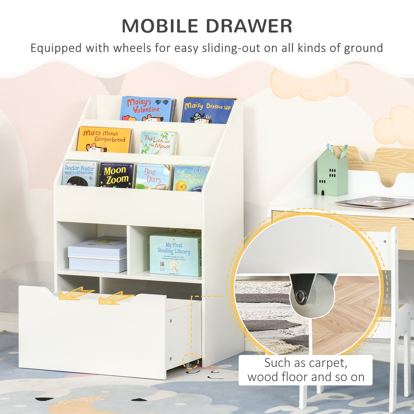 Kids Bookcase Multi-Shelf Book Rack With Mobile Drawer For Books, Toys, White