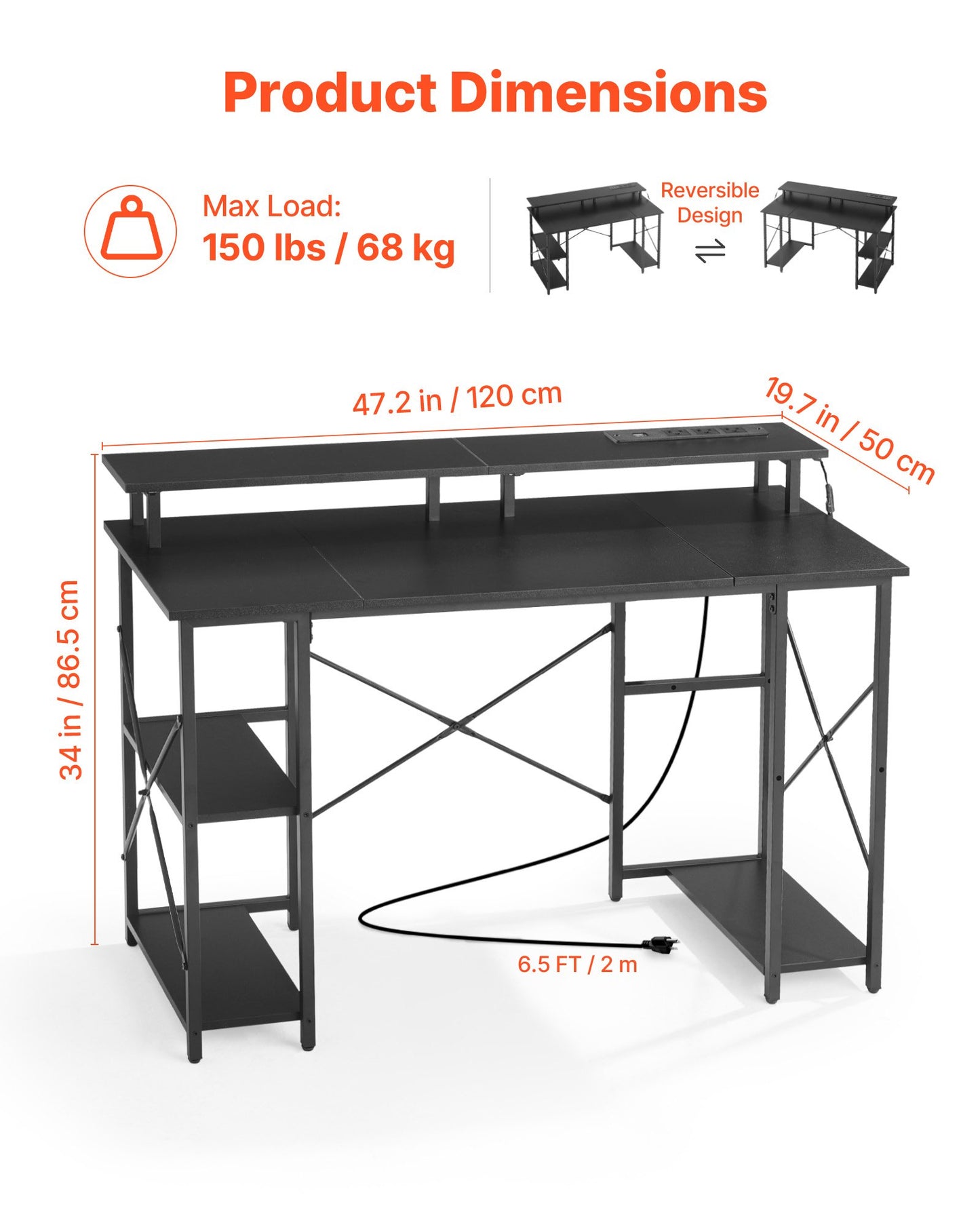 47" Gaming Desk With LED Lights & Power Outlets, Computer Desk With Monitor Stand & 2-Tier Storage Sheves, Study Work For Home Office, Black
