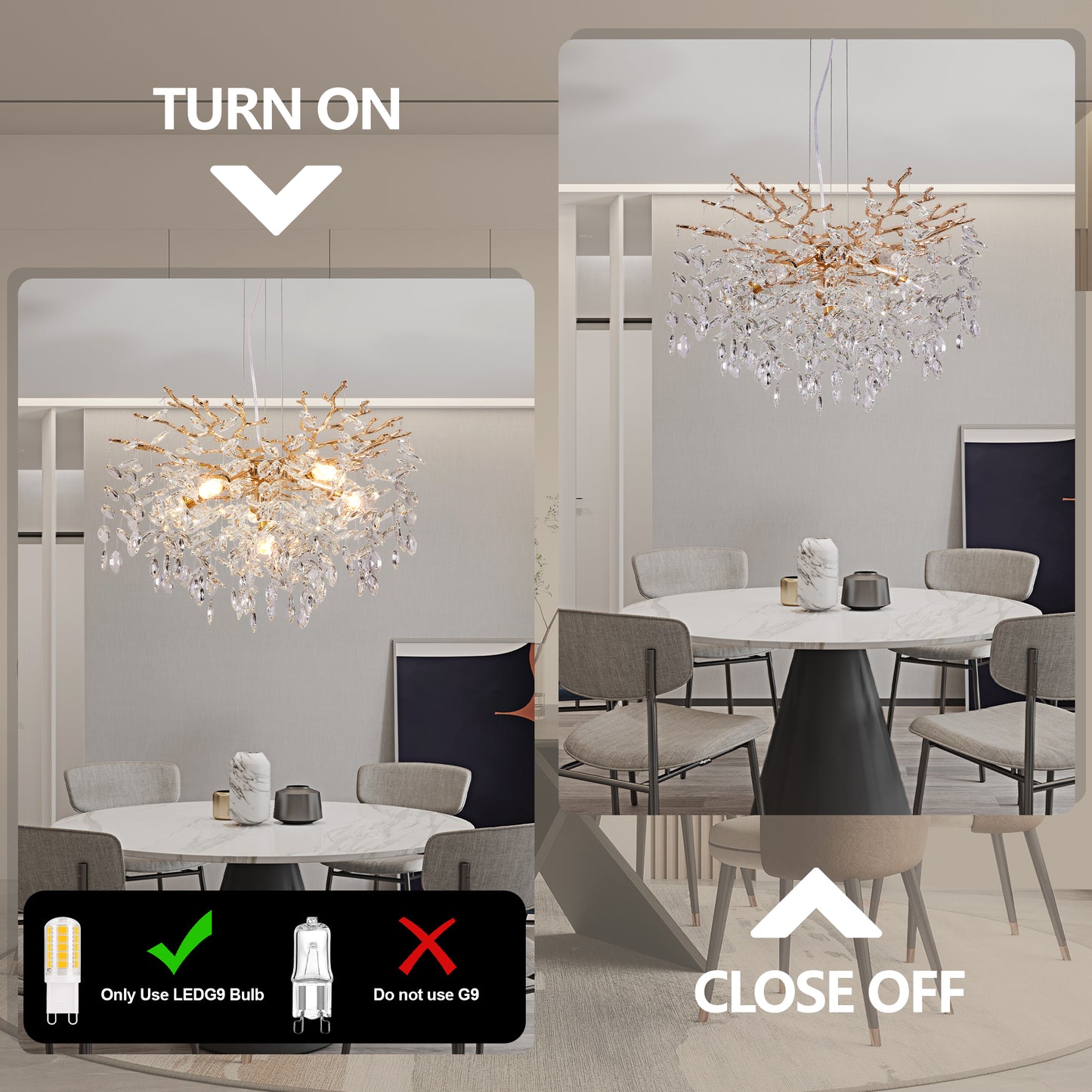 Modern Tree Branch Crystal Chandelier Luxury Gold Crystal Pendant Lighting 23.6 Contemporary 6-Light Chandeliers For Dining Room Kitchen Bedroom Living Room