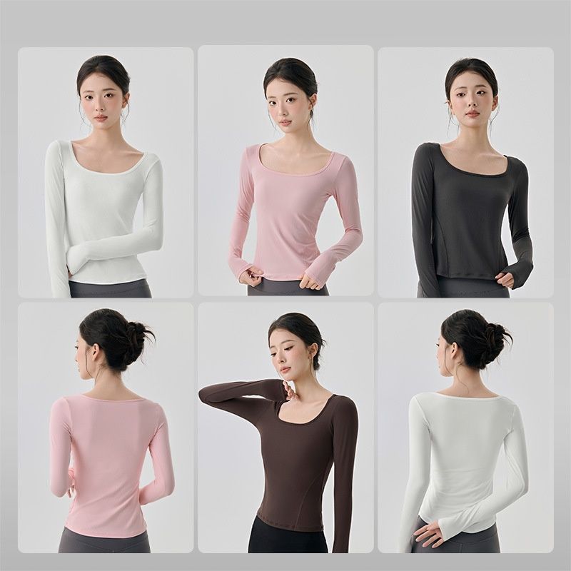 Nude Feel High Elastic Long Sleeve Yoga Wear Top Slim Fit Slim And Sexy Big Neckline