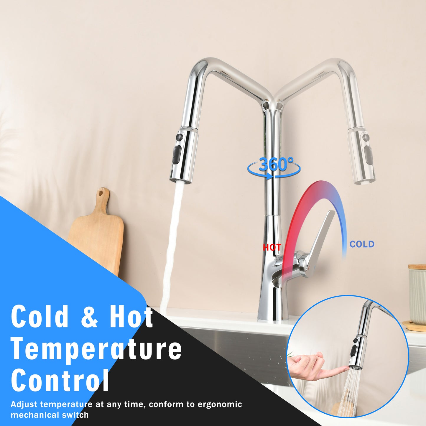 Professional Chrome Kitchen Faucet - 3 Function 360 Sprayer, One Touch Switching & FastConnect