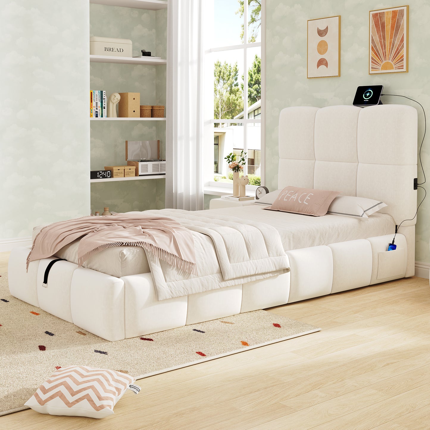 Upholstered Bed, Single Bed, Cot 90 X 200cm, Hydraulic Functional Bed, Bed With Slatted Frame, Headboard, Large Storage Space And USB Charging Port, Upholstered Headboard, Velvet, Beige