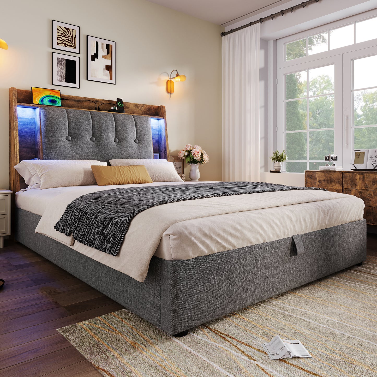 Upholstered Bed, 90x200 Cm, With USB Type-C Charging,Without Mattress,Flip-Top Storage Compartment, Multifunctional Storage, LED Lighting, Push-button Appdien,Linen, Grey