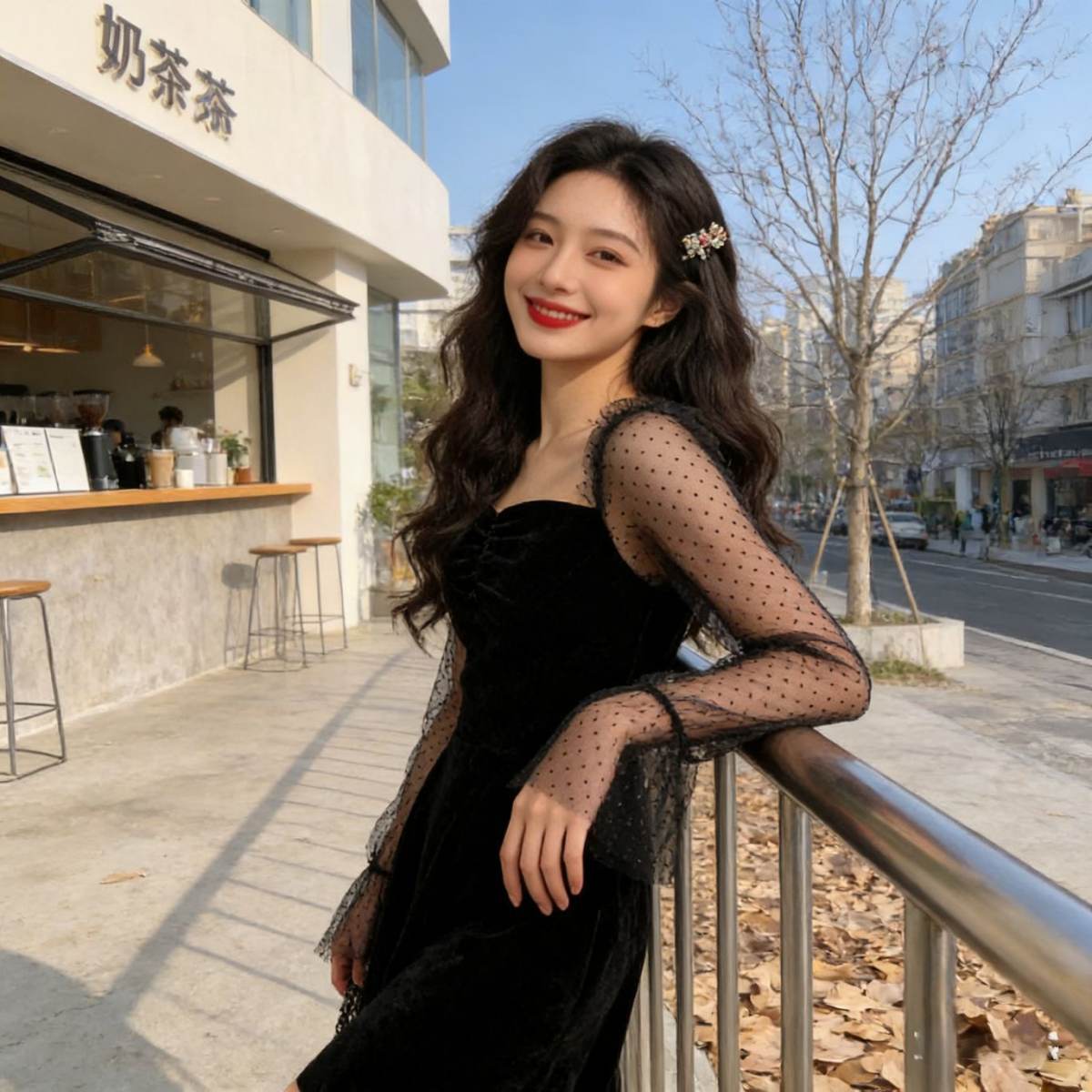 Korean-style Retro Elegant Chiffon-Sleeved A-line Dress