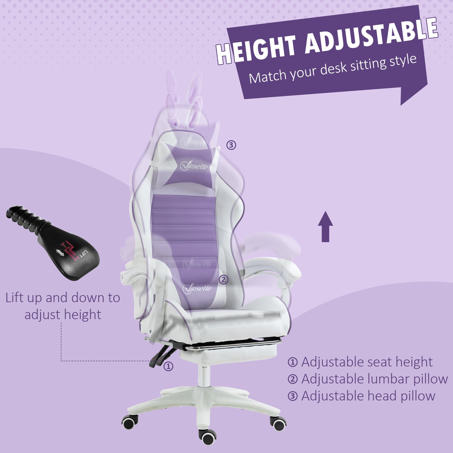 Vinsetto Racing Gaming Chair, Reclining PU Leather Computer Chair With Removable Rabbit Ears, Footrest, Headrest And Lumber Support, Purple