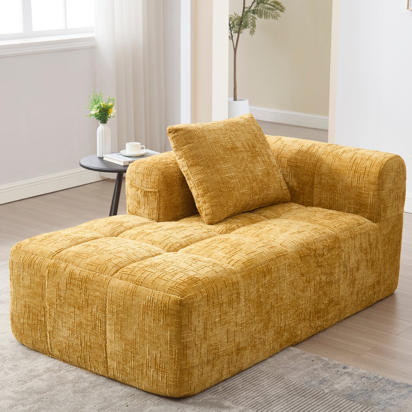 Comfortable Chaise Longue Sofa, No Assembly Required, Soft Sofa With Cushions, Side Pockets For Remote Control And Mobile Phone, Neat And Stylish, Yellow