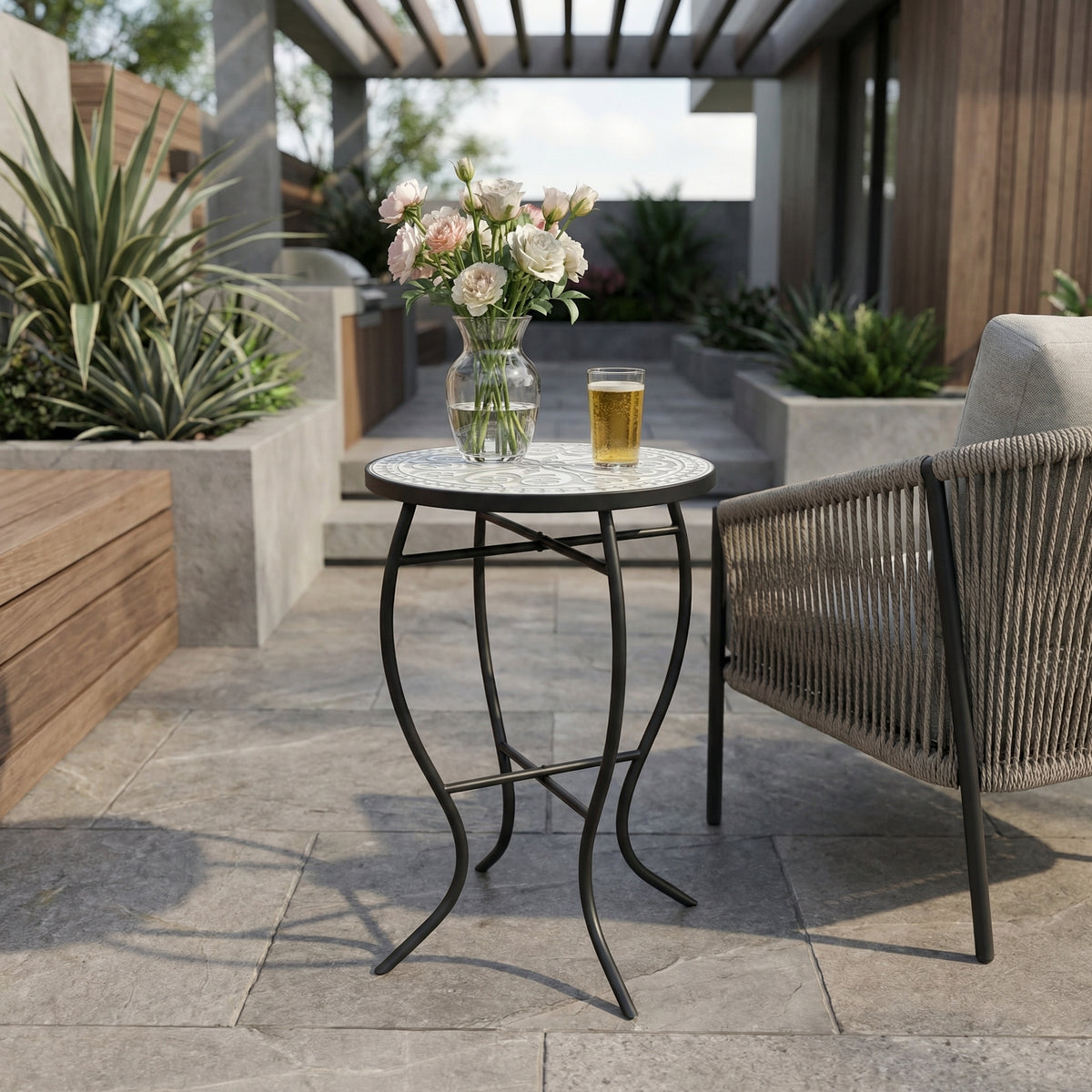 Outdoor Round Side Table With Mosaic-Style Top And Curved Iron Legs, Grey And Matte Black