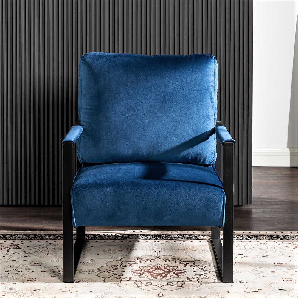 Classic Mid Century Modern Accent Chair With Durable Square Metal Frame, Armchair For Living Room, Bedroom, Home Office In Plush Velvet Upholstery, Blue