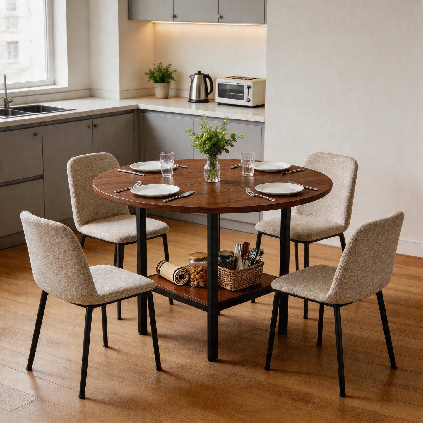 Modern Round Dining Table With Storage Shelf, Walnut Wood Grain & Metal Frame, 100cm Diameter, 4-6 People, Ideal For Kitchen, Dining Room & Small Rooms