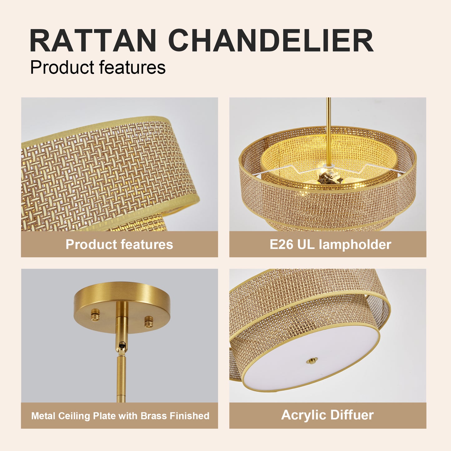 17.7 Inch Woven Rattan Linen Semi Flush Mount Ceiling Light Fixture, Modern Boho Drum Lamp For Bedroom, Kitchen, Dining Room, Living Room, Hallway, Entryway, Farmhouse Gold Wicker Chandelier