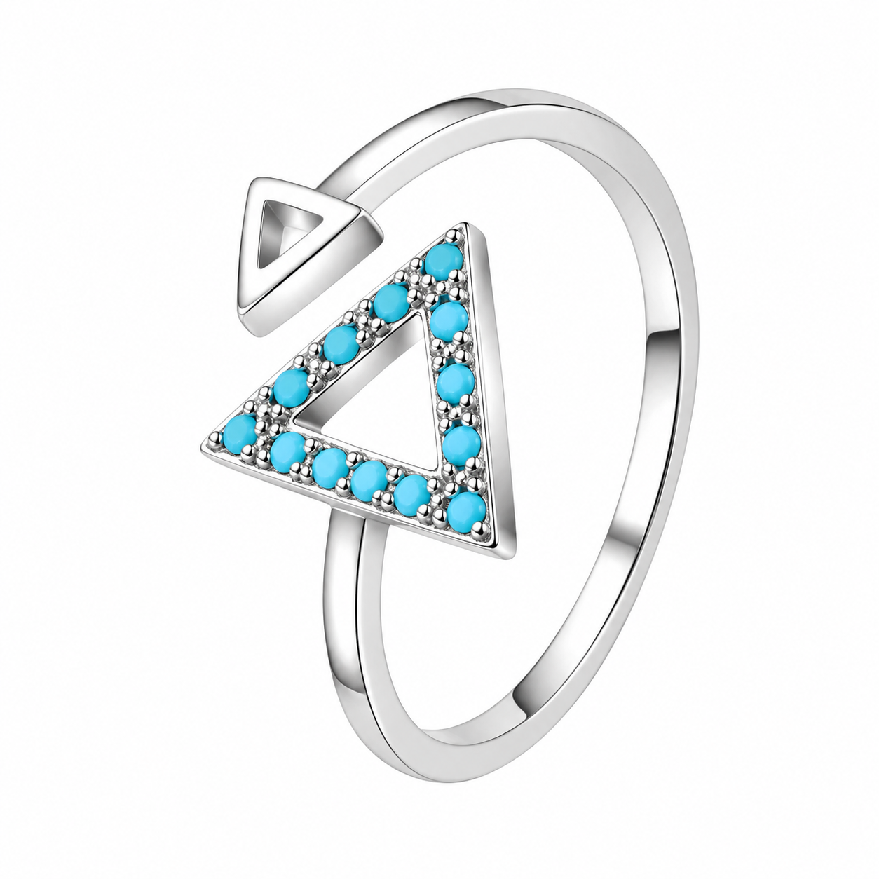 Dual Triangle Turquoise CZ Bypass Open Adjustable Ring For Women, Copper Plated Silver Geometric Minimalist Stackable Daily Jewelry Gift
